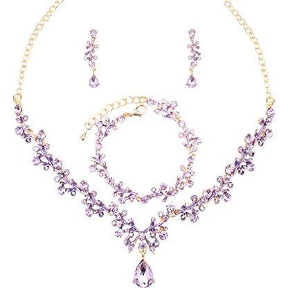 3Pcs Austrian Crystal Jewelry Set for Women, Necklace Dangle Earrings Link Bracelet Jewelry Set with Gold/Platinum/Gun Plated, Wedding Party Jewelry for Bridal Bridesmaid - color: Violet-Gold Plated