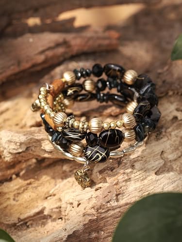 MINACHI Summer Boho Retro Style Multilayer Wrap Irregular Beads with Golden Flower Charm Bracelets, Blue Tone, Ethnic Jewelry for Women - style: Bracelet R17-017