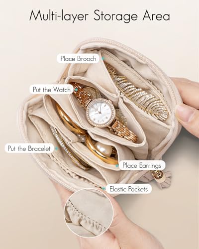 VLANDO Small Travel Jewelry Case,Velvet Pouch Bags with Zipper,Beige | Travel Essentials,PU Leather Organizer with 5 Divided Sections,Carry-On Totes,Gift for Birthday,Bride,Bridesmaid,Women,Girls - color: C.Beige