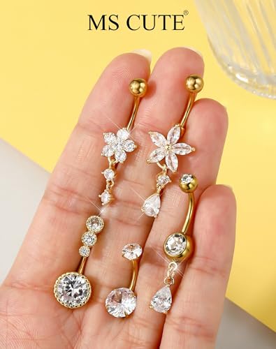 5PCS Belly Button Rings for Women Girls, 14G Surgical Steel Navel Rings Set, Gold & Silver CZ Dangle Body Piercing Jewelry - color: Gold-Flower