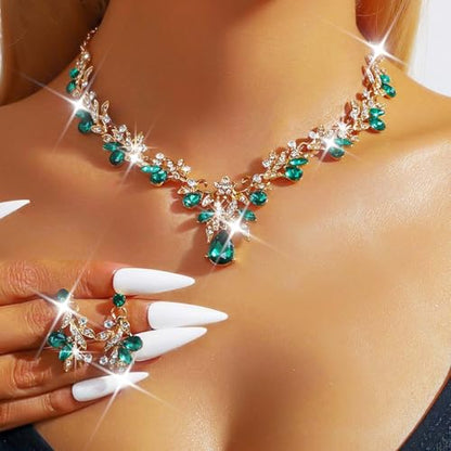 Rhinestone Bridal Wedding Jewelry Sets Gold Necklace Earrings Set Leaf Prom Formal Costume Jewelry Set for Women and Brides - color: Green