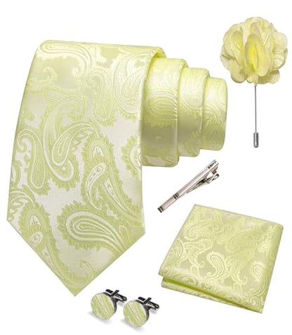 JEMYGINS Mens Paisley Tie and Pocket Square,Lapel Pin,Cufflinks,Tie Clip Sets with Gift Box 5PCS - color: Light Yellow