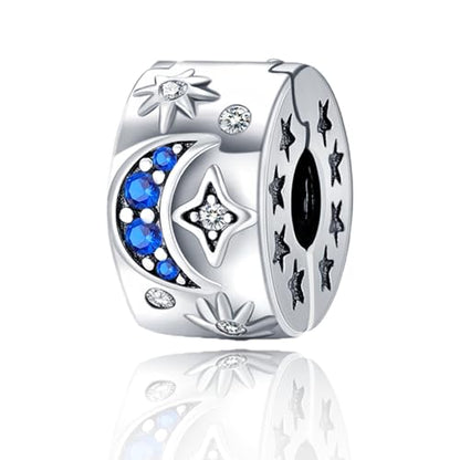 925 Sterling Silver Openable Clip Spacer Bead Fits Pandora Bracelet | Hypoallergenic Clip Stopper Charm, Star Clover Butterfly Floral Mom Heart Paved Zircon Gift for DIY Charm Bracelet Jewelry - color: Blue Zircon Moon Star