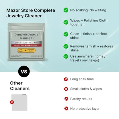 Silver Jewelry Cleaner Wipes + Large Polishing Cloth Kit | 20 Tarnish Remover Dry Disposable Wipes | Instant Shine, No Rinse | Restore Brilliance for Silver, Gold & Platinum Jewelry, Silverware & Watches