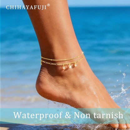 Sterling Silver Ankle Bracelets for Women 14K Gold Waterproof Layered Braided Chain Knot Charm Stackable Adjustable Non Tarnish Nickel Free Anklets Bracelet for Summer Beach Jewelry - color: goldD