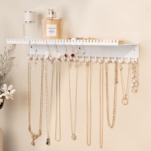 niffgaff Wall-Mounted Jewelry Organizer with Hooks and Shelf - Necklace Hanger Holder for Hanging Storage, Multi-Functional Wall Decor | White - color: White