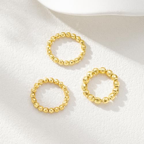 3PCS 14K Gold Plated Stretch Rings for Women Dainty Ball Beaded Elastic Layered Stack Knuckle Ring Set Non Tarnish Waterproof Trendy Statement Jewelry Gifts for Daily Outfits Fashion Accessories - color: Gold-1Pcs