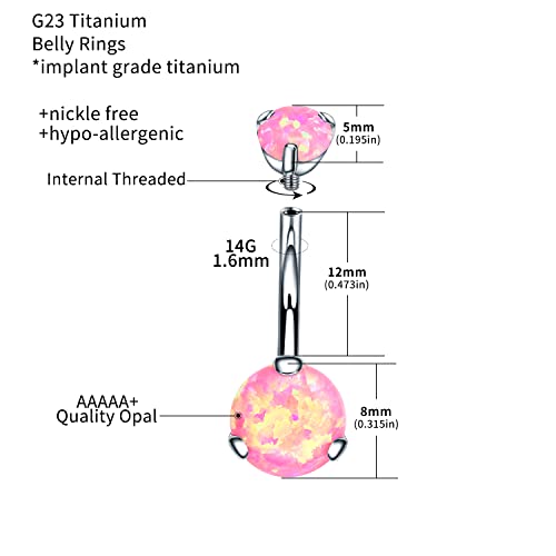 VOJO G23 Titanium Belly Button Rings Cubic Zircon Opal Hypoallergenic Threaded 14G Diamond Navel Body Piercing Jewelry Birthstone for Women - color: Claw Pink Opal