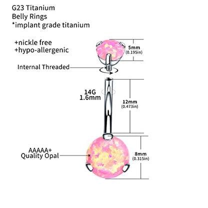 VOJO G23 Titanium Belly Button Rings Cubic Zircon Opal Hypoallergenic Threaded 14G Diamond Navel Body Piercing Jewelry Birthstone for Women - color: Claw Pink Opal