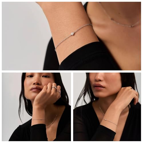 Solid 925 Sterling Silver Bracelets for Women, Dainty Interlocking Circles Cubic Zirconia Adjustable Chain Bracelet, Trendy Stackable Link Bracelets, Simple Cute Jewelry Gifts - color: Silver Bezel-Set CZ