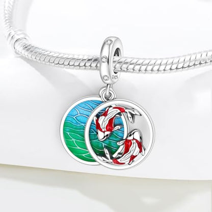 925 Sterling Silver Charms Bead for Bracelets Necklaces, Star Moon Crescent Sun Solar Pendent, Blue Ocean Starfish Shells Turtle Crab Starry Sea Cute Jewelry Birthday Gifts for Women Men - style: Koi fish charms
