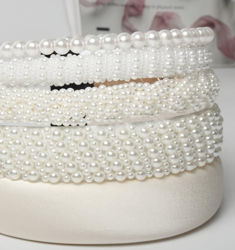 Cuizhiyu White Pearl Headbands for Women Girls Cute Pearl Dainty Headbands | Bling Faux Pearls Hairbands, Wedding Hair Accessories, Hair Hoop, Pearl Beaded Headband, White Padded Headbands,5 Pack - color: Color A