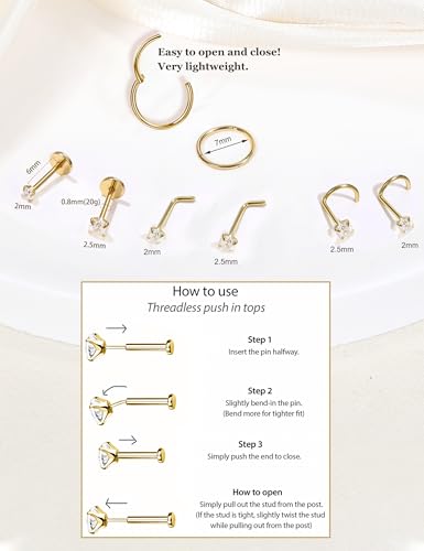 8PCS Titanium Nose Rings Stud, Gold Nose Ring for Women Men Hypoallergenic Nostril Hoops L Shape Nose Studs Corkscrew CZ Nose Piercing Jewelry Silver 18G & 20G Nose Ring Studs 2/2.5/3mm - style: Gold-8pcs nose stud