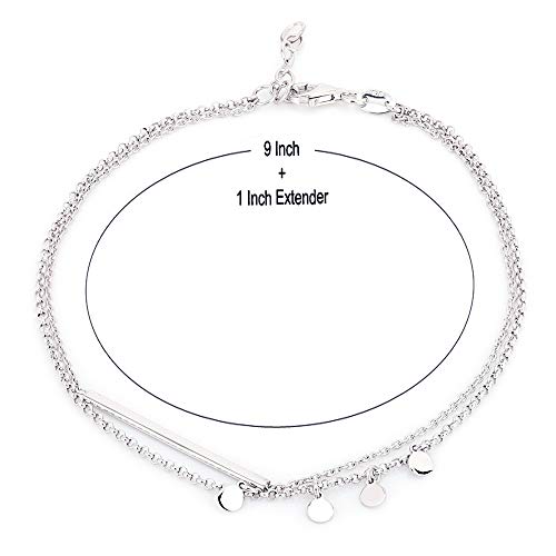 Vanbelle Sterling Silver Jewelry - Rhodium Plated with 925 Stamp - Double Layered Chain Circle & Bar Charms Anklet - Elegant handcrafted Stylish Designed for Women- 9" long + 1" extender