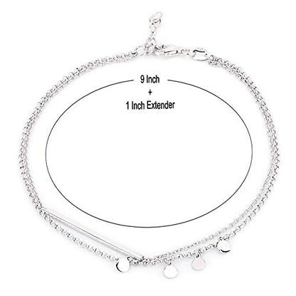 Vanbelle Sterling Silver Jewelry - Rhodium Plated with 925 Stamp - Double Layered Chain Circle & Bar Charms Anklet - Elegant handcrafted Stylish Designed for Women- 9" long + 1" extender
