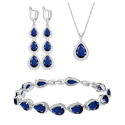 LMXXVJ Necklace Long Earrings Bracelet Set, White Gold Plated Created Blue Sapphire Jewelry Set Wedding Party Gift Jewelry for Women Bridal Bridesmaid - color: Blue