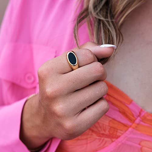 18K Gold Plated Women's Starburst Signet Ring - Minimalist Mother of Pearl Statement Piece - color: Black Enamel Oval Statement Ring