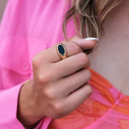 18K Gold Plated Women's Starburst Signet Ring - Minimalist Mother of Pearl Statement Piece - color: Black Enamel Oval Statement Ring