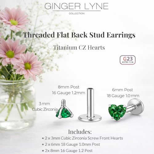 Titanium Heart CZ Labret Stud Earrings for Piercings by Ginger Lyne 6Pc Set G23 Screw Front Flat Back Body Jewelry 2 pair post 6mm, 8mm Cartilage, Helix, Tragus, Lip, Conch, Lobe - color: 3mm-DkGreen