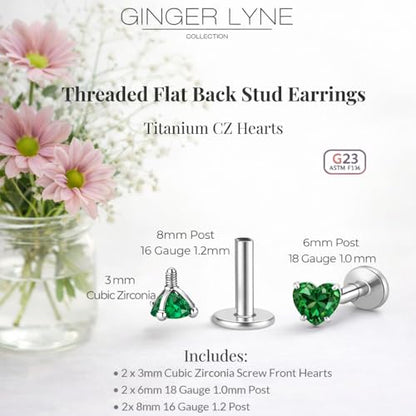 Titanium Heart CZ Labret Stud Earrings for Piercings by Ginger Lyne 6Pc Set G23 Screw Front Flat Back Body Jewelry 2 pair post 6mm, 8mm Cartilage, Helix, Tragus, Lip, Conch, Lobe - color: 3mm-DkGreen