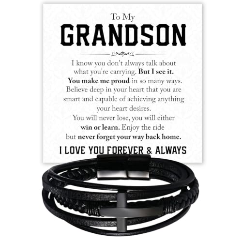 To My GrandSon Bracelet – Cross Braided Leather Bracelet, Meaningful GrandSon Gift from Grandpa & Grandma with Heartfelt Message Card & Elegant Gift Box for Birthday, Christmas, Graduation - color: Version#5