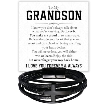 To My GrandSon Bracelet – Cross Braided Leather Bracelet, Meaningful GrandSon Gift from Grandpa & Grandma with Heartfelt Message Card & Elegant Gift Box for Birthday, Christmas, Graduation - color: Version#5