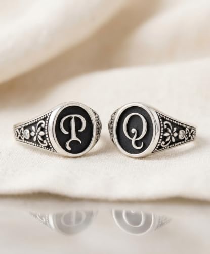 Personalized Initial Signet Ring for Men and Women, Solid 925 Sterling Silver Custom Letter Ring, Gothic Monogram Circle Signet Ring, Engraved Unisex Statement Jewelry Gift