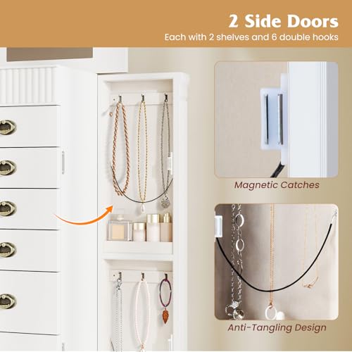 Giantex Standing Jewelry Cabinet with 7 Drawers, Flip-Top Mirror, 2 Side Doors with 12 Necklace Hooks, Divided Ring Compartments, Velvet-Lined Jewelry Armoire Organizer Chest (White) - color: White