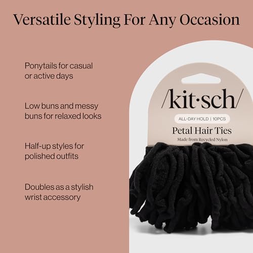 Kitsch Petal Hair Ties No Damage - Black, 10pcs | Strong, Stretchy & Snag-Free Hair Bands – Soft Fabric Ponytail Holders, Stylish Elastics for Everyday Hairstyles - color: Black Petal (Pack of 10)