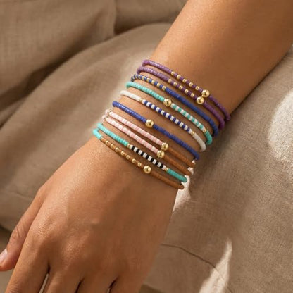 Colorful Stackable Rice Small Mini Seed Beaded Bracelets Set For Women, Handmade Dainty Boho Gold Glass Stretch Accessories Jewelry,Summer Beach Party Daily Friendship Gift - color: 10Pcs Blue Pink Brown