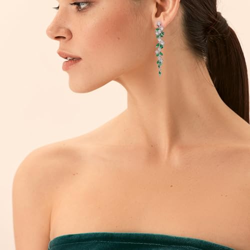EVER FAITH Gorgeous Wedding Prom Jewelry Round Marquise Cubic Zirconia Teardrop Crystal Chandelier Bridal Dangle Clip on Earrings for Women Brides - color: Green Silver-Tone