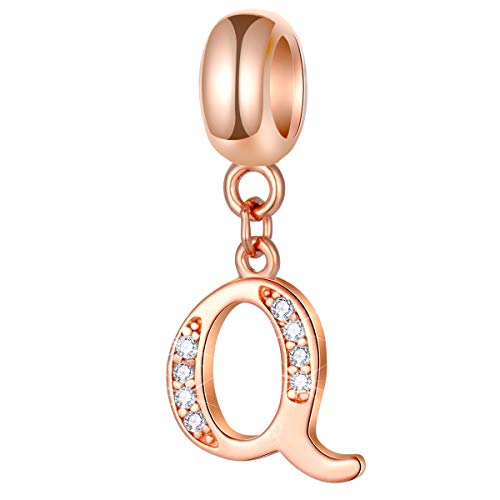EMOSTAR Letter Charms Initial A-Z Alphabet Beads, Rose Gold 925 Sterling Silver Dangle CZ Birthstone Pendant, Gifts for European Charm Bracelet/Mothers Day/Birthday - color: Letter Q