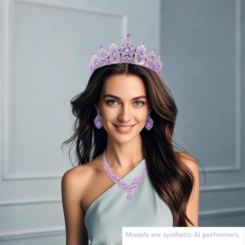 Kamirola Bridal Wedding Tiara Crown Jewelry Set for Women/Brides/Bridesmaids Crystal Jewelry Set for Wedding Prom Party Bridal Crystal Necklace Earrings Bracelet Set(TR60) - color: All Purple