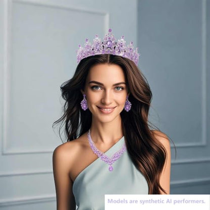 Kamirola Bridal Wedding Tiara Crown Jewelry Set for Women/Brides/Bridesmaids Crystal Jewelry Set for Wedding Prom Party Bridal Crystal Necklace Earrings Bracelet Set(TR60) - color: All Purple