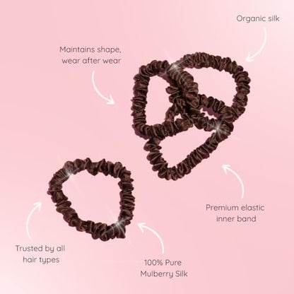 SILKIE x4 Set 100% Pure Mulberry Silk Brown Skinny Scrunchies Travel Pouch Everyday Hair Ties Elastics Hair Care Ponytail Holder No Damage (Praline) - color: Praline