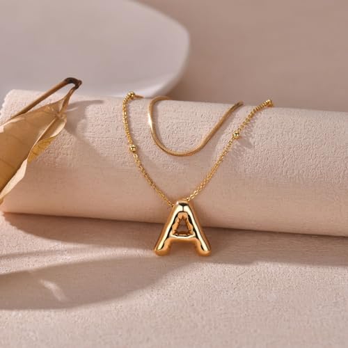 LUCA SMITH 2-Piece Initial Necklaces for Women, Dainty Balloon Bubble A-Z Letter Necklace Set, Name Letter Alphabet Pendant Layered Choker Necklaces Personalized Jewelry Gift - color: Gold bubble letter necklace, style: Initial Set-A