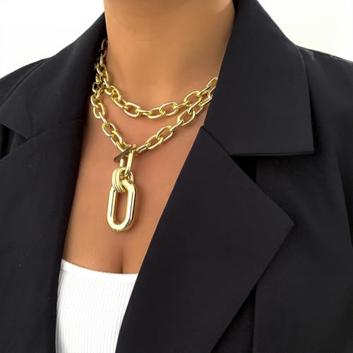 Layered Chunky Gold Silver Necklace Big Cuban Chain Statement Necklace Stacked Punk Chain Choker Necklaces for Women Trendy Jewelry Birthday Gifts - color: 03 Gold