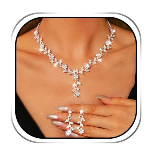 Sixexey Silver Rhinestone Jewelry Set Bridal Necklace Earrings for Women | Sparkly Prom Wedding Jewelry Accessories for Women