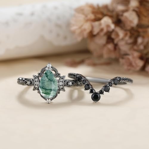 Moss Agate Bridal Wedding Rings Set for Women 925 Sterling Silver | Plated Platinum/Black Gold, Gothic, Vintage, Engagement Promise Ring, Anniversary Valentine Day Birthday Gift for Her - style: Black Gold Plating New Moon Halo Ring