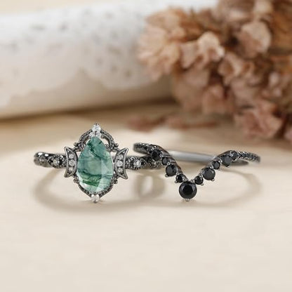 Moss Agate Bridal Wedding Rings Set for Women 925 Sterling Silver | Plated Platinum/Black Gold, Gothic, Vintage, Engagement Promise Ring, Anniversary Valentine Day Birthday Gift for Her - style: Black Gold Plating New Moon Halo Ring