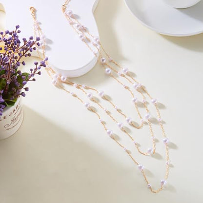 Long Layered Pearl Necklace for Women Big Large Beaded Statement Charm Necklace,Strand Multiple Strand Pearl Choker, Shirt & Sweater Wedding Party Jewelry Gifts - color: Pearl-Three