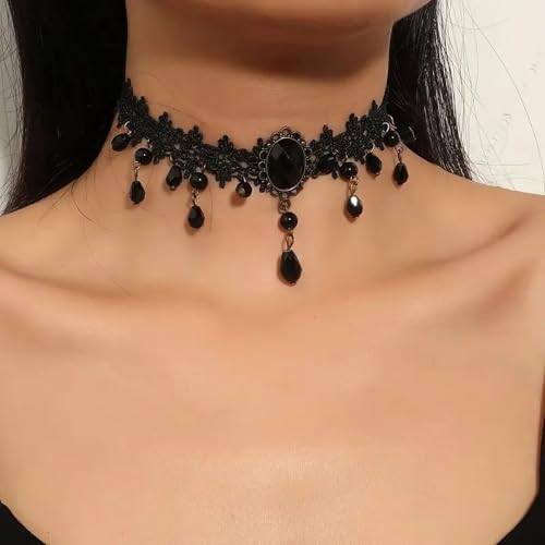 Fesciory Black Necklaces for Women, Adjustable Layered Velvet Leather Lace Collar Necklace, Goth Jewelry Gifts. - color: Black Crystal