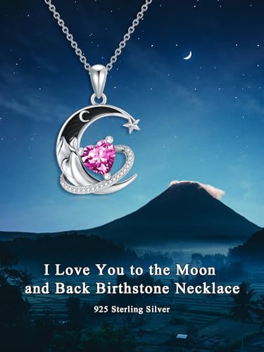 I Love You to the Moon and Back Necklace 925 Sterling Silver Black Crescent Moon Star Pendant with Heart Birthstone Necklace Anniversary Gothic Jewelry Gifts for Women Wife Lovers - color: 10-Oct-Pink