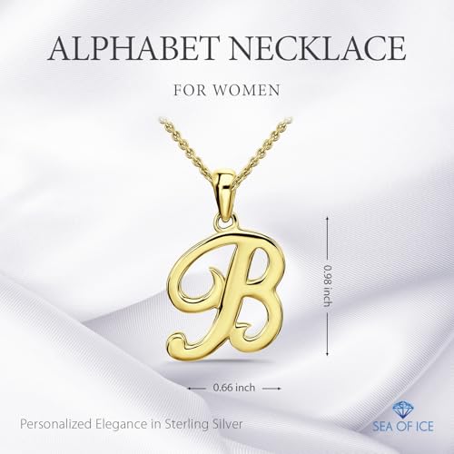 SEA OF ICE Letter Initial Necklace, Alphabet Letter Pendant Necklace, Sterling Silver, Gold, Rose Gold Necklace for Women, Elegant Initial Necklaces, Personalized Custom Women's Necklaces - color: Yellow Gold - B
