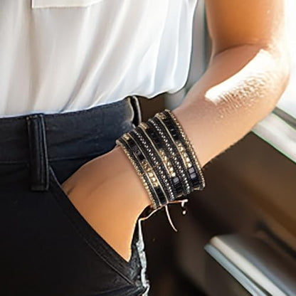 SPUNKYsoul Boho Cuff Bracelets, Women Adjustable Stackable Beaded Accessory | Adjustable Bohemian-Inspired Design, Trendy Wrist Ornament, Versatile For Occasions Or Everyday Wear, Unique Style Jewelry - style: "Blake" Black & Gold Cube