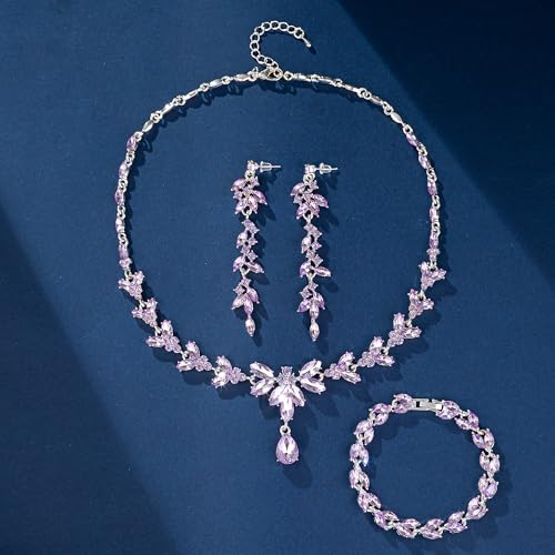 Paxuan Wedding Jewelry Sets for Bride Bridesmaid Bridal Jewelry Set for Women Wedding Crystal Necklace Earrings Bracelet Set for Party Prom Jewelry - color: Light Purple - Silver