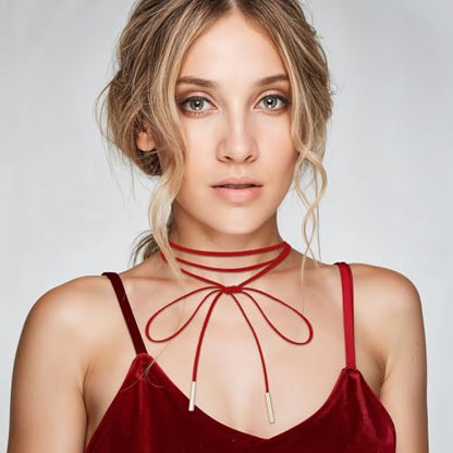 Red Choker Necklace Gothic Bow knot Choker for Women Velvet Long Wrap Rope Collar Tie Neck Chain with Gold Tube Ribbon Suede Jewelry for Party Prom