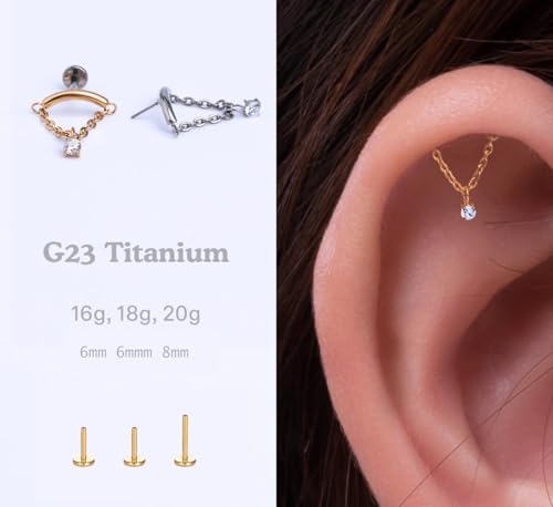 20G/18G/16G Flat Back Earrings Tiny Nose Stud, Cartilage Earring Threadless Tragus Helix Stud Conch Piercing Jewelry - color: Dangle(gold 2pcs), size: 16 gauge (1.2mm post)