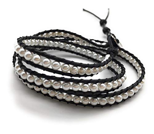 Handmade Alloy Leather Natural Stone Bead Statement Bracelet Bangle Cuff Rope 3 Wrap Adjustable Jewelry Collection - color: Shell Pearl & Black Leather Cord