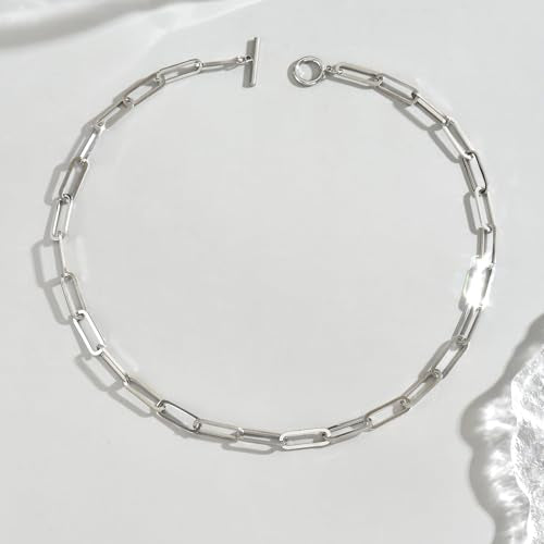 18K Gold Plated Chunky Chain Necklace for Women Dainty Cuban Paperclip Chain Toggle Bar Clasp Necklace Thick Trendy Layering Gold Chain Link Stainless Steel Jewelry - style: Toggle Paperclip-White Gold